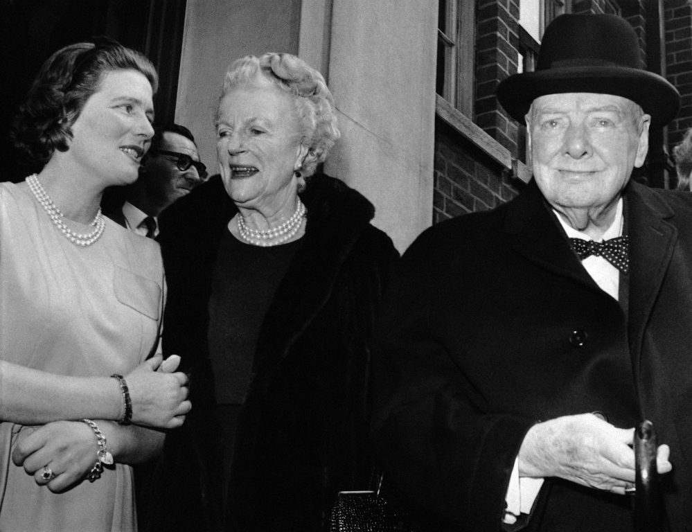 In this April 1963 photo, Sir Winston and Lady Clementine Churchill, take their leave of their daughter Mary, wife of Agriculture Minister Christopher Soames, after a family luncheon party to celebrate Lady Churchill’s 78th birthday at Tufton Court, London. Mary Soames, the last surviving child of British leader Winston Churchill, has died. She was 91.