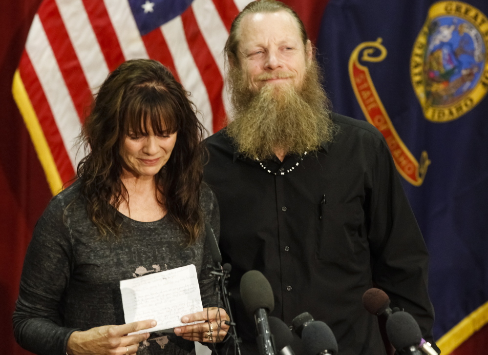 Jani and Bob Bergdahl, parents of Army Sgt. Bowe Bergdahl, speak to the media in Boise, Idaho, on Sunday. Bob Bergdahl says he’s proud of how far his son was willing to go to help the Afghan people.