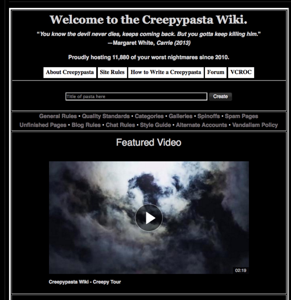 This image shows the homepage of Creepypasta Wiki.