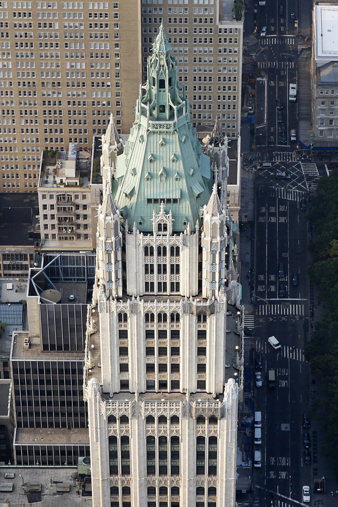 In addition to a penthouse apartment in the pinnacle of the Woolworth Building, developers are planning 33 other luxury apartments in the upper floorss with prices rivaling those at Midtown skyscrapers fringing Central Park. The landmark building is shown in a 2010 aerial photo.