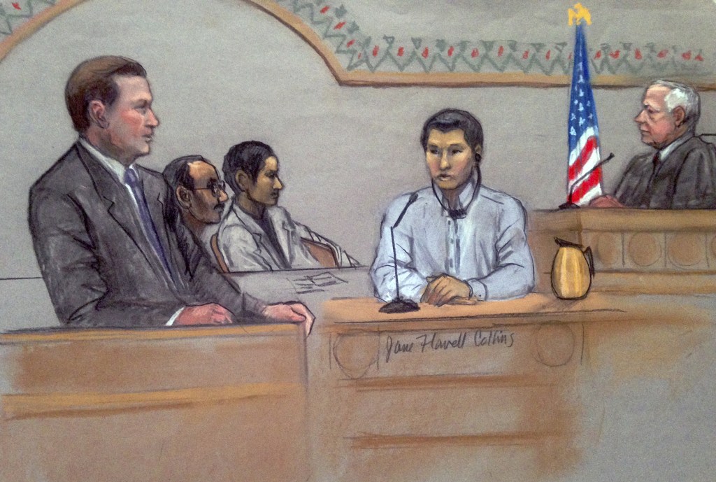 In this courtroom sketch, Dias Kadyrbayev, second from right, testifies in federal court Monday in Boston. Kadyrbayev, a native of Kazakhstan, is accused of removing items from Dzhokhar Tsarnaev’s dorm room several days after the 2013 marathon bombings.