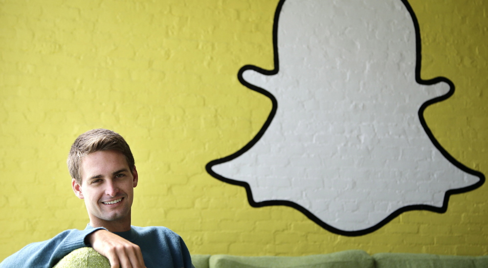AP file photo MISOGYNY OR FRAT BOY HUMOR?: In this Oct. 24 file photo, Snapchat CEO Evan Spiegel poses for photos in Los Angeles. Spiegel dropped out of Stanford University in 2012, three classes shy of graduation, to move back to his father’s house and work on Snapchat. Spiegel’s fast-growing mobile app lets users send photos, videos and messages that disappear a few seconds after they are received.