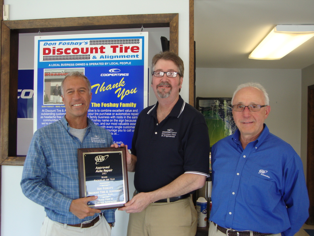 Don Foshay’s Discount Tire: From left, Don Foshay, owner of Don Foshay’s Discount Tire and Alignment; Chris Crocker, Don Foshay’s store manager, Hallowell; and Tom Giasson, manager of AAA Approved Automotive Programs.