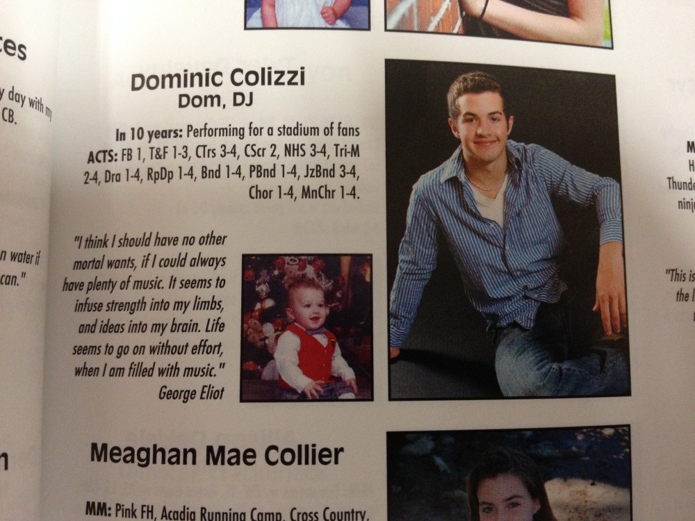 Contributed Photo HIGH SCHOOL YEARS: A 2011 Messalonskee High School yearbook photo of Dom Colizzi, who says he was bullied in high school after he gave up sports and took up sports.