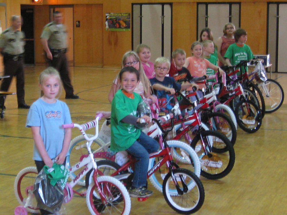 NEW BIKES: From left are Brooklyn Gordon and Jackson Newton, kindergarten; Seth Price and Morgan Steuber, grade 1; Daisy Page and Trae Tingley, grade 2; Sage Bertone and Tyler Whitney, Grade 3; Daniel Handley and Jasmine Whitney, grade 4; and Cassidy Dodge, Grade 5.