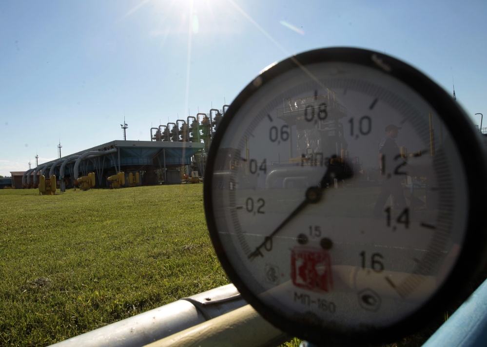 This photo shows a gas pressure gauge for underground gas storage facilities outside Lviv, Ukraine. Russia’s Gazprom now says Ukraine owes it a total of $4.458 billion for gas from last year and this year.