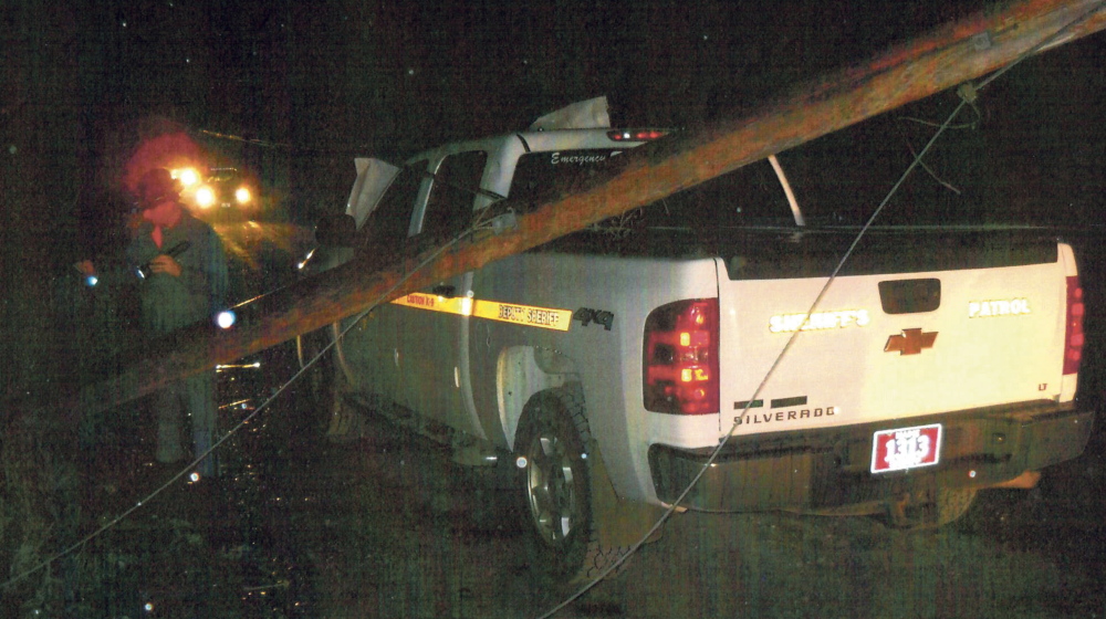 HAZARDOUS DUTY: A Somerset County Sheriff’s Department truck was damaged after a utility pole fell on to it after John Howland of Norridgewock allegedly struck the pole last Sunday evening.