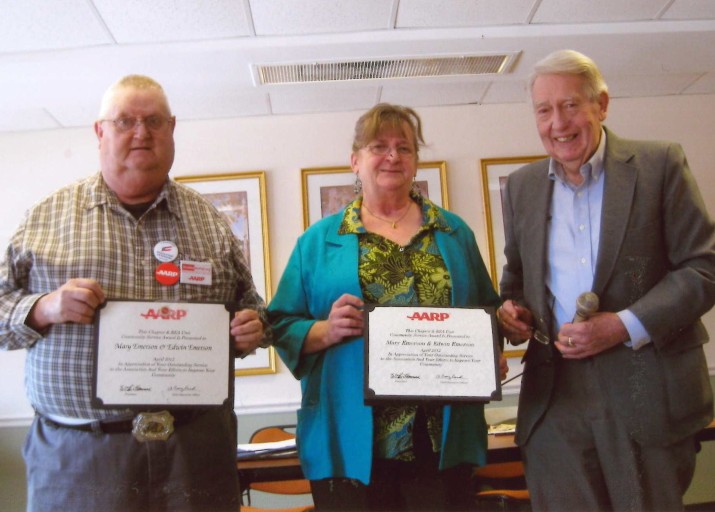 Mary and Edwin Emerson, members of the Greater Augusta AARP Chapter 511, are presented with the AARP Community Service Award by David Fairbairn, right. The award was presented in appreciation of their outstanding service and efforts to improve their community. Their volunteer efforts have included organizing karaoke parties with music and refreshments at Augusta Rehabilitation Center and supporting food drives and fundraising projects.