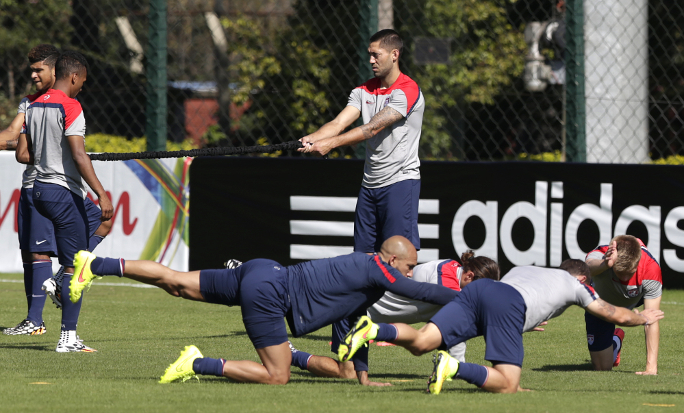 United States players work out during a training session Tuesday in Sao Paulo, Brazil. The United States will play Germany on Thursday in Recife, Brazil.