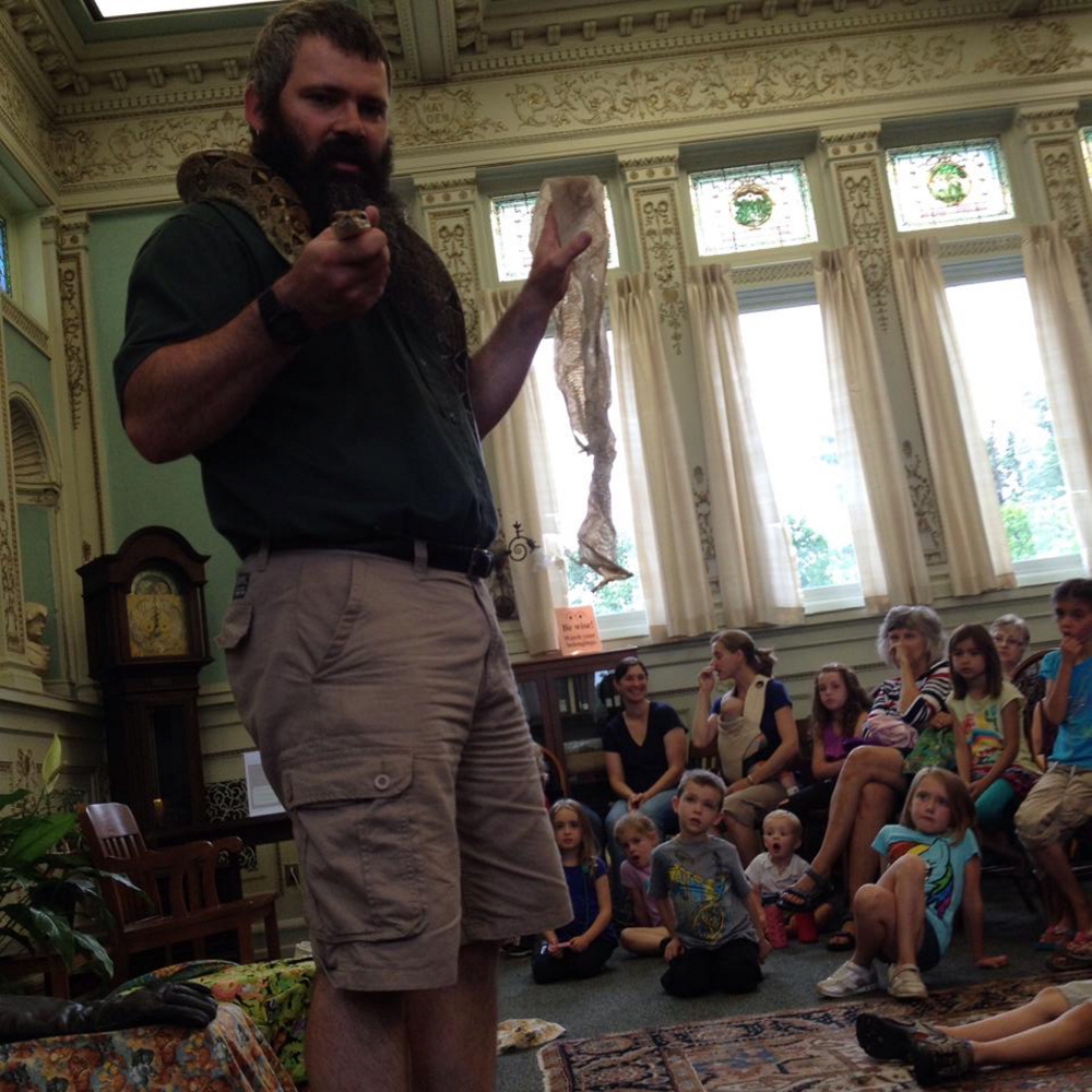 Lindsey Dos Santos of Augusta took this photo of Josh Sparks of Sparks Ark Animal Services making a presentation to children in the first summer reading program event at Lithgow Public Library in Augusta. More than 100 people attended. Among the animals Sparks displayed were a Madagascar cockroach, an owl, hedgehog, a flying squirrel, an emu egg and more.