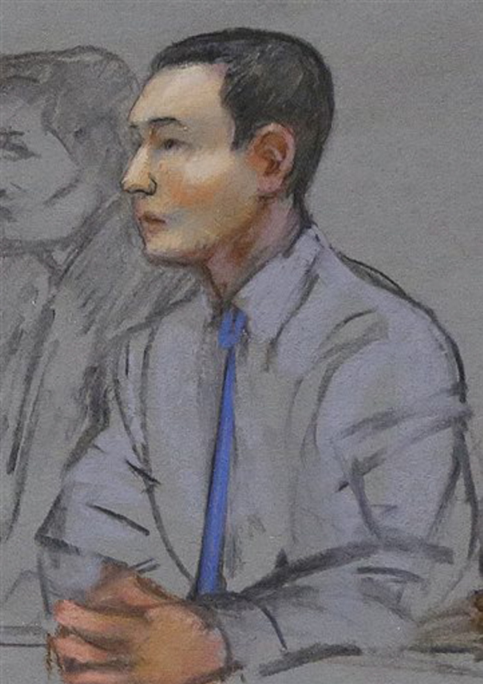 In this May 2014 courtroom sketch, defendant Azamat Tazhayakov, a college friend of Boston Marathon bombing suspect Dzhokhar Tsarnaev, sits during a hearing in federal court in Boston. Jury selection is set to begin Monday in Boston for his federal trial on obstruction of justice charges. Tazhayakov, of Kazakhstan, is accused with another friend of removing items from Tsarnaev’s dorm room, but is not charged with participating in the bombing or knowing about it in advance.