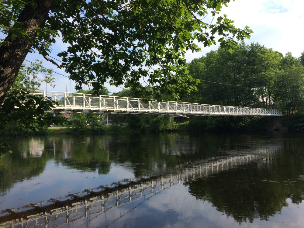 The Swinging Bridge in Skowhegan, where Peter Gary jumped as was rescued by two bystanders Sunday after he struggled in the water. The bridge is a popular swimming spot.