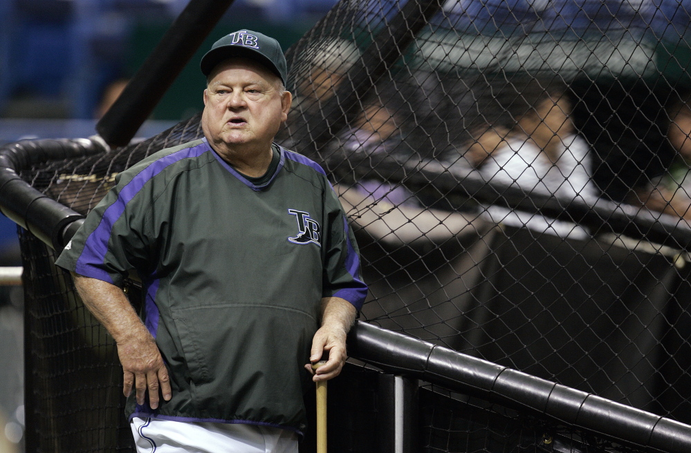 Tampa Bay Devil Rays special advisor Don Zimmer leans against the batting cage before a baseball game between the Devil Rays and Boston Red Sox, Friday night Sept. 21, 2007 in St. Petersburg, Fla. (AP Photo/Chris O'Meara)