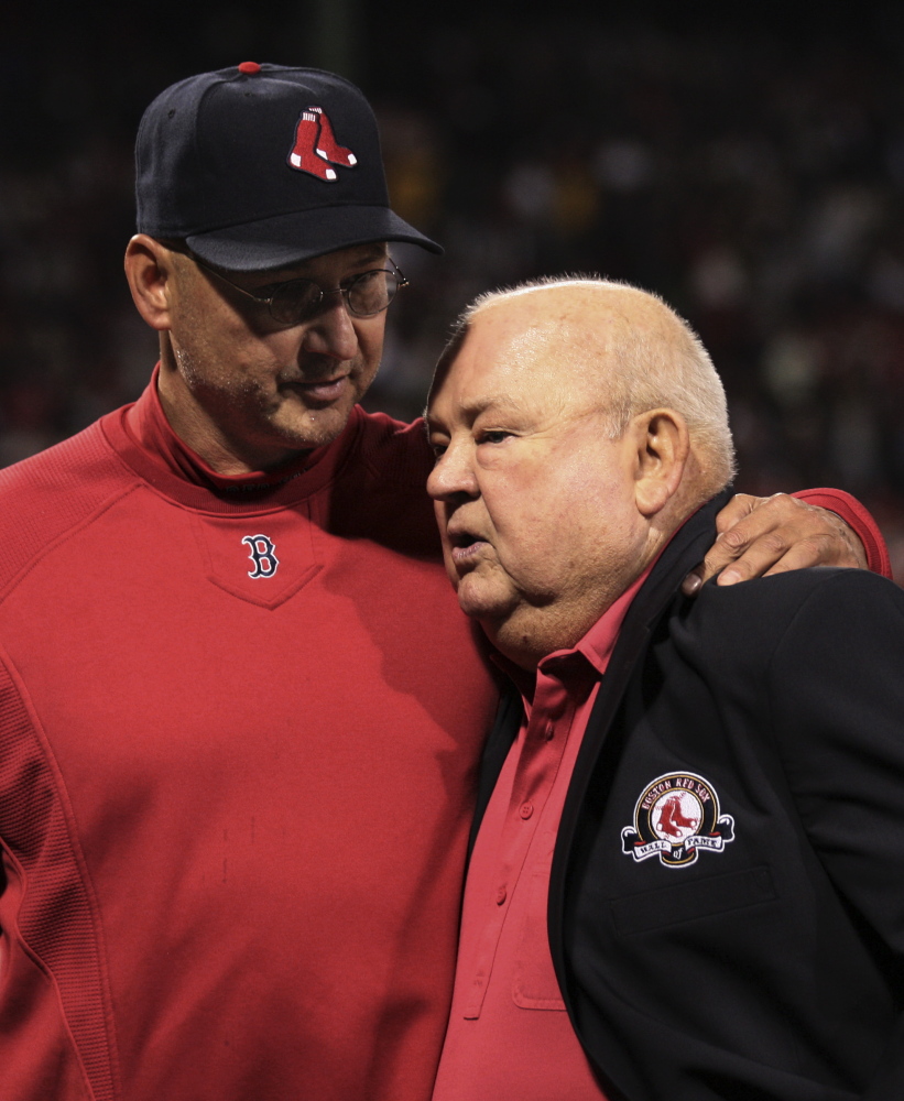 The Associated Press File Photo Boston Red Sox manager Terry Francona, left, hugs former Red Sox manager Don Zimmer who was inducted into the Red Sox Hall of Fame prior to a baseball game between the Red Sox and the Toronto Blue Jays at Fenway Park in Boston, Friday, Sept. 17, 2010.