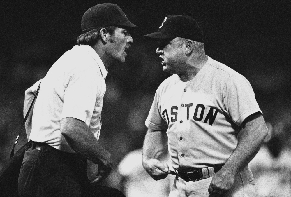 The Associated Press File Photo Boston Red Sox manager Don Zimmer, right, argues with plate umpire Terry Cooney in the first inning of a game at Anaheim Stadium, Tuesday, July 10, 1979, Anaheim, Calif. Brian Downing of the California Angels was at bat with the bases loaded, Cooney said a Bob Stanley pitch hit Downing on the belt, walking him and forcing in a run. Zimmer disagreed, vigorously.