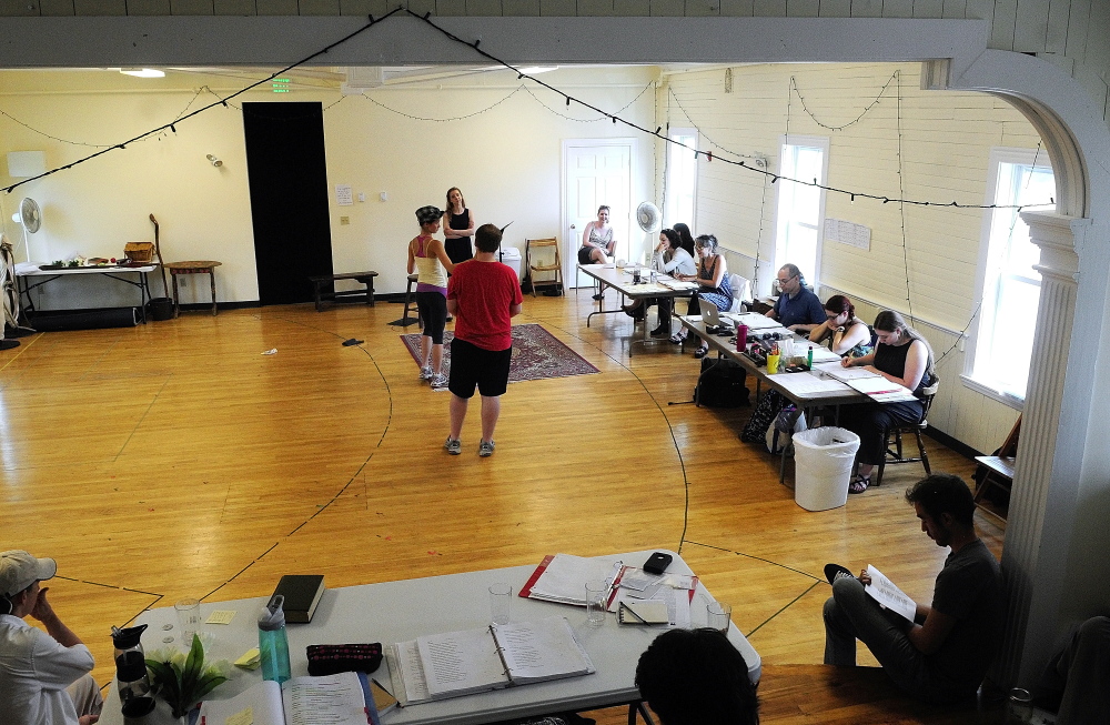 The company rehearses a scene from “As You Like It” in The Helen Melledy Grange in Monmouth.