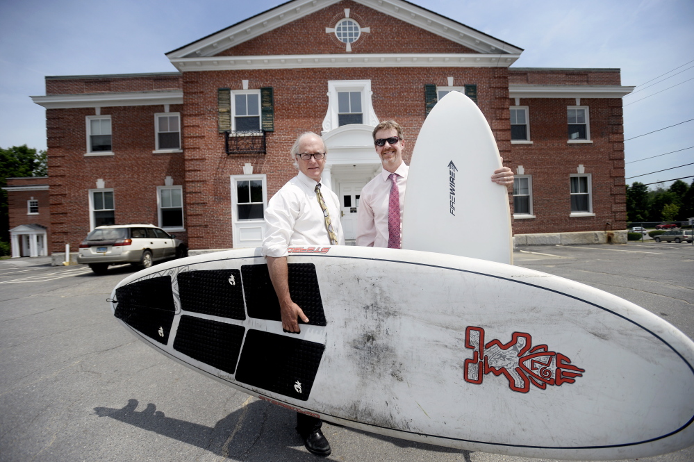 ALFRED, ME - JULY 1: Prosecutor John Connelly and Defense Attorney Rick Winling with their boards outside York County Superior Court in Alfred Tuesday, July 1, 2014. (Photo by Shawn Patrick Ouellette/Staff Photographer).