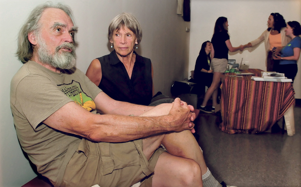 Abbott and Nancy Meader of Oakland discuss the reasons they have patronized the Maine International Film Festival in the lobby of the Railroad Square Cinema in Waterville Monday. This year MIFF and the Waterville Arts Festival events will occur together starting this Saturday.