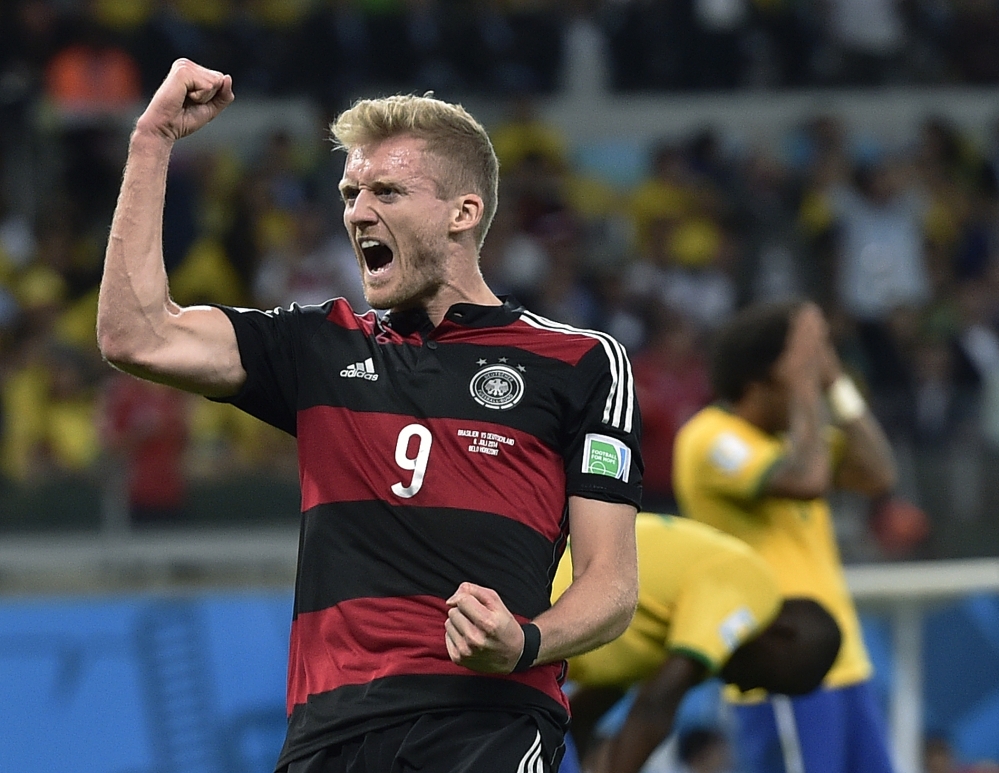 Germany’s Andre Schuerrle celebrates after scoring his team’s sixth goal during Tuesday’s semifinal.