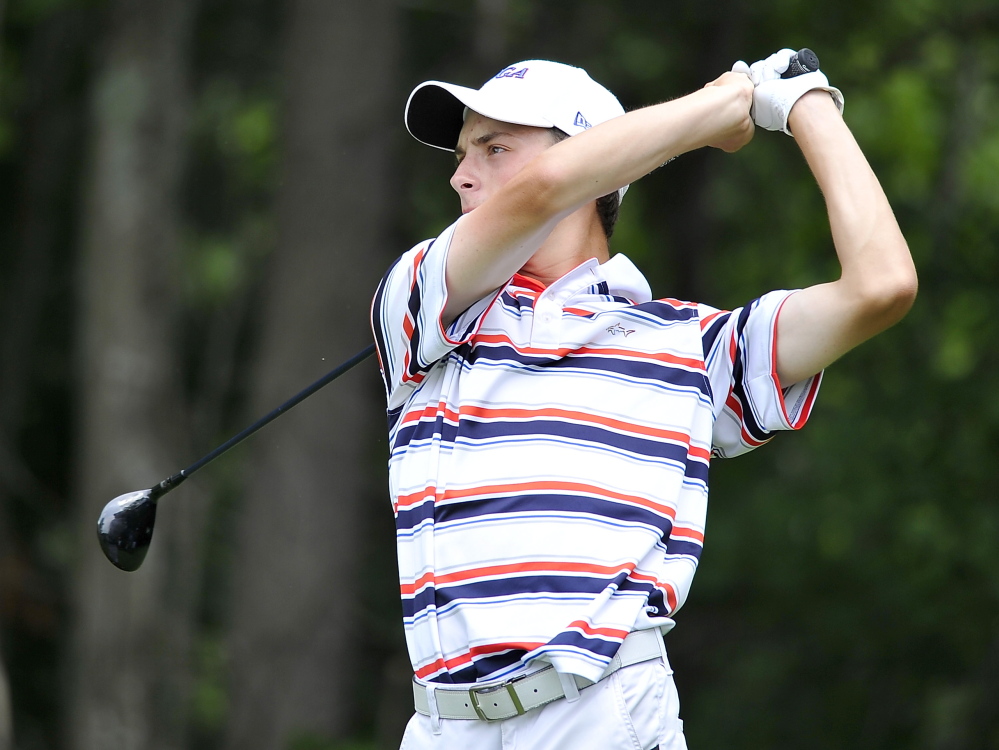 Drew Powell of Penobscot Valley CC tees of on 12 and finishes with 70 to tie the lead of the Maine Amateur Golf Championship at the Woodlands in Falmouth Tuesday.