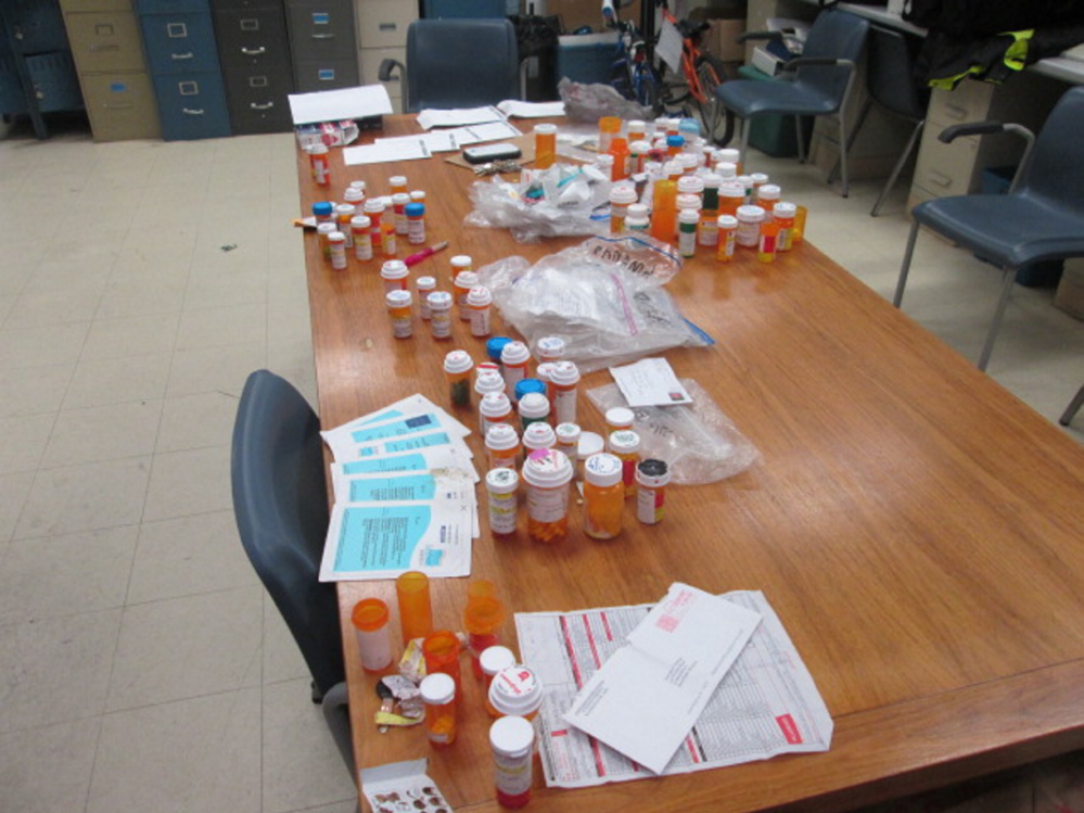 Police display of recovered prescription drugs stolen when a locked cabinet was taken from the Trinity Homeless Shelter in Skowhegan last weekend. Officials say the drugs cannot be returned to patient because of fears of tampering.