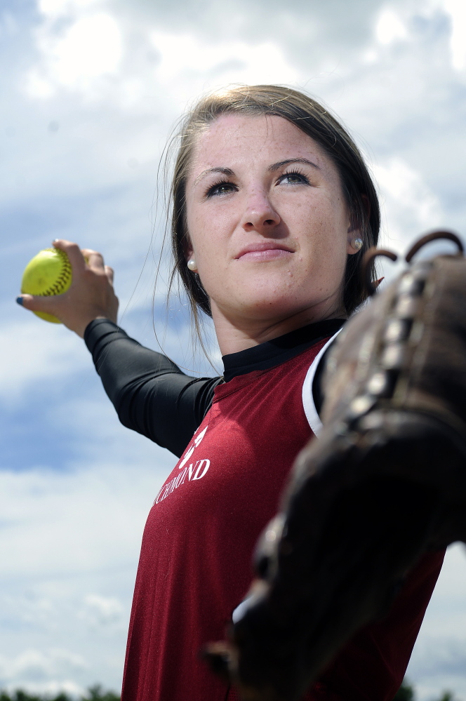 Richmond High School’s Meranda Martin winds up Thursday at the school. Martin is the Kennebec Journal’s Softball Player of the Year.