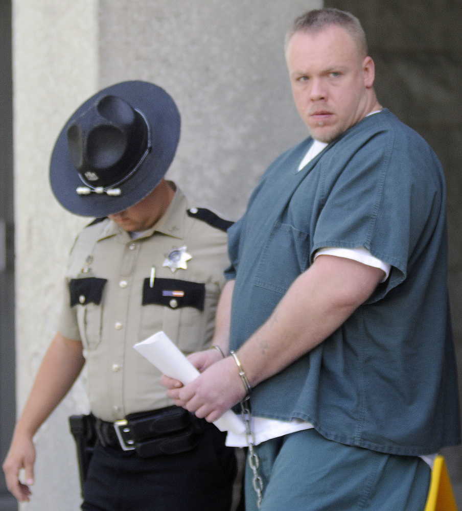 Courtney Shea is escorted back to jail after pleading guilty on Monday at Kennebec County Superior Court in Augusta for the stabbing death of Thomas Namer in Vassalboro in November 2013.