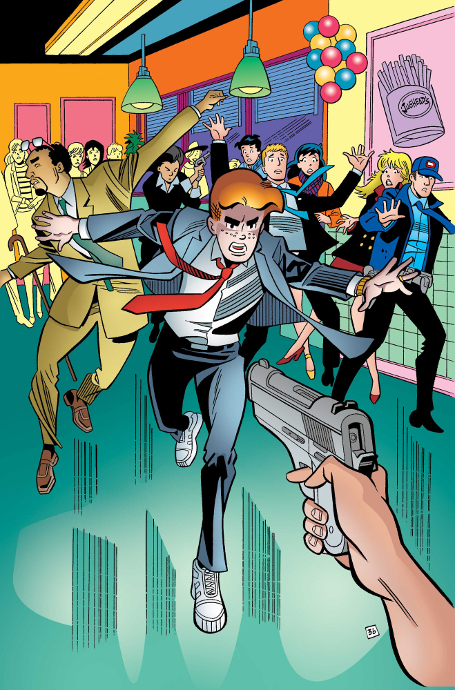 In this image furnished by Archie Comics, Archie tries to foil an assassination attempt in “Life with Archie,” issue 37.