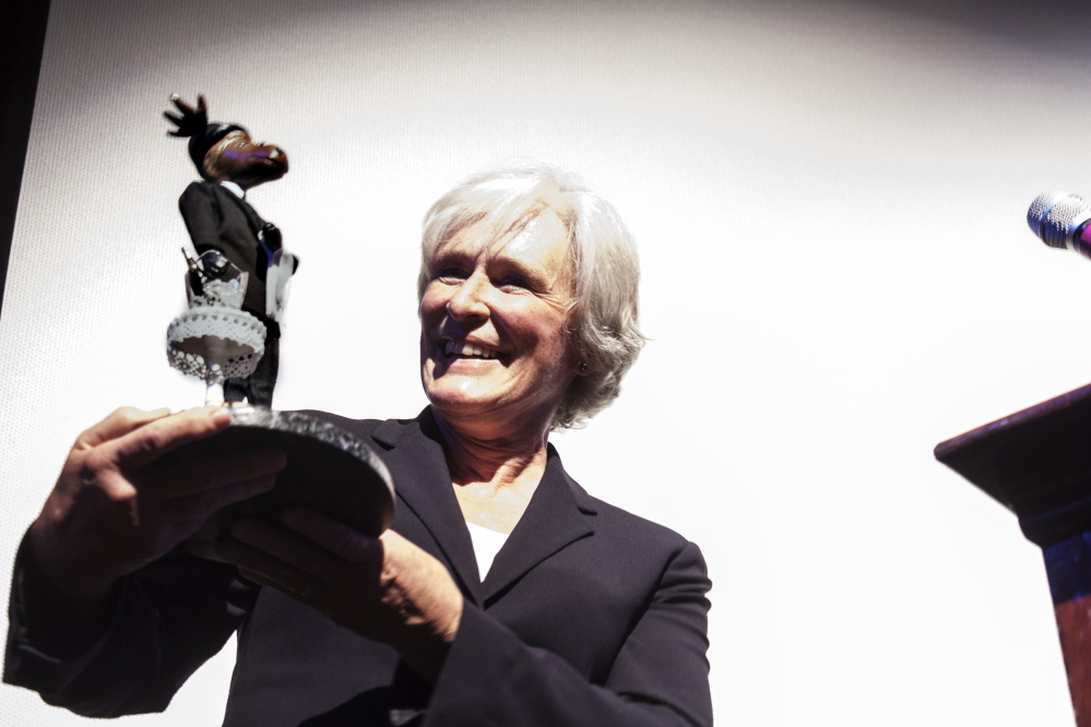 Actress Glenn Close with the Mid-Career Achievement Award given to her by the Maine International Film Festival on Sunday. Close called the unique trophy created in her honor by a local artist the best award she has received.