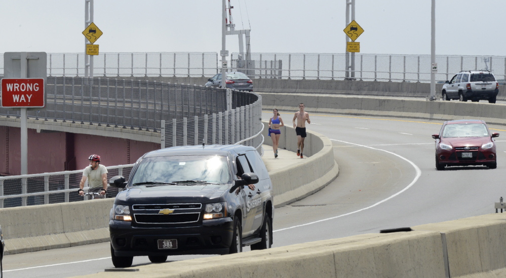 The sidewalk along the Casco Bay Bridge, which links Portland and South Portland, will close for construction. Bicyclists and pedestrians will have to use the bicycle lane outside the barrier or find a ride.