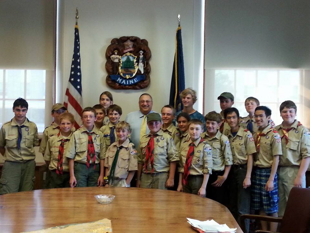 Scouts from the Pine Tree Council, Boy Scouts of America, recently worked on their Citizenship in the Nation Merit Badge during a special program at that state capitol building. Twenty Scouts participated in tours, discussions, games and meetings and learned about the legislative and judicial process from attorney and Sen. Roger Katz, R-Augusta. They received tours of the home of former presidential candidate and Secretary of State James G. Blaine and the State House complex and visited the Maine State Library and the various executive branch agencies in the Edmund Muskie Federal Building. They also met Gov. Paul LePage, pictured above with the Scouts. Scouts from West Gardiner, Windham, New Sharon, Albion, Farmington, Augusta and Industry participated.