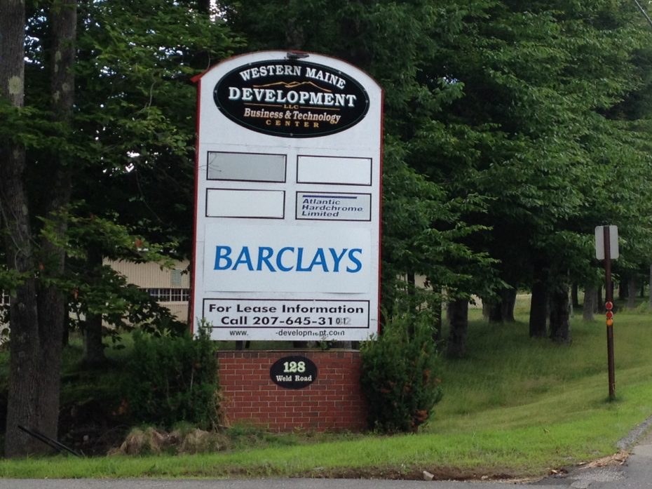 The Barclaycard call center sign is seen in Wilton in 2014. 