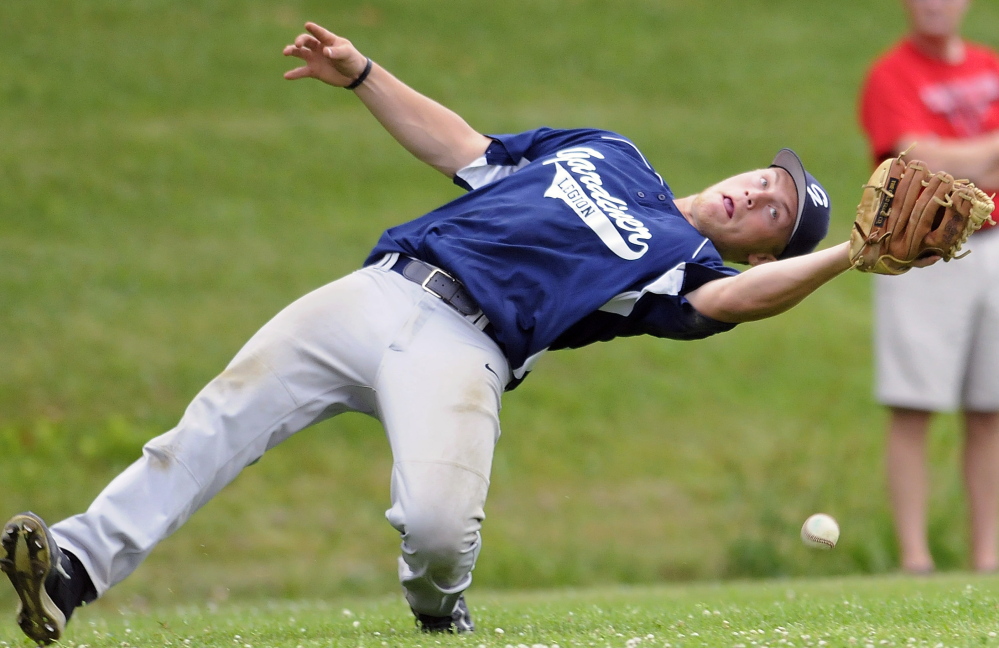Gardiner’s Mario Meucci can’t collect a foul Thursday July 3, during an American Legion baseball match up against Red Barn in Monmouth. Gardiner will play Franklin County on Saturday as part of the Zone 2 tournament.