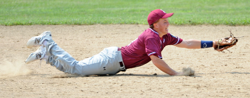 Franklin County shortstop Ryan Pratt, 1, extends to stab a hard hit ground ball up the middle by Gardiner in the Senior Legion Zone 2 baseball tournament at Memorial Field in Skowhegan on Saturday.
