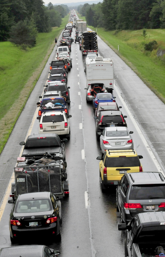 Southbound traffic on Interstate 95 was backed up for miles Sunday from mile 134 in Benton to the Clinton exit following a rollover involving a truck hauling a trailer on Sunday.