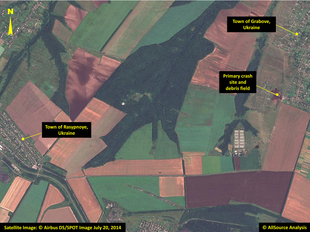 In this annotated photo dated Sunday, a satellite image shows the primary crash site, at top right, of Malaysia Airlines Flight 17 located near Hrabove, eastern Ukraine.