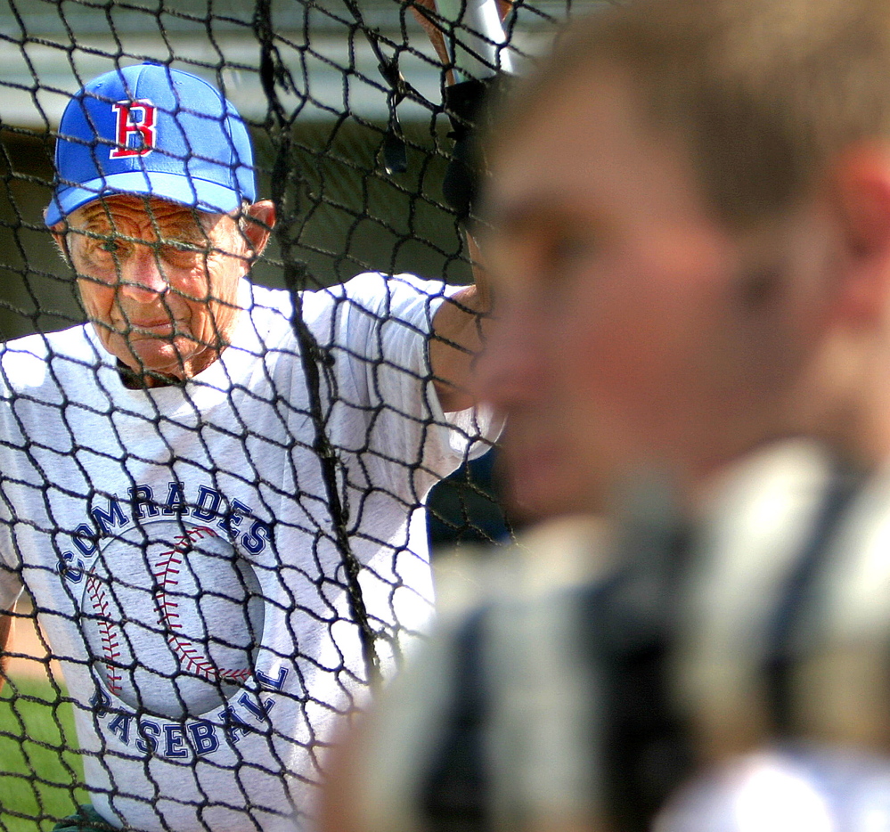 In this 2005 photo, baseball coach John Winkin watches a player at batting practice. Winkin, arguably the greatest baseball coach in state history, died last week. He was 94, five days short of his 95th birthday.