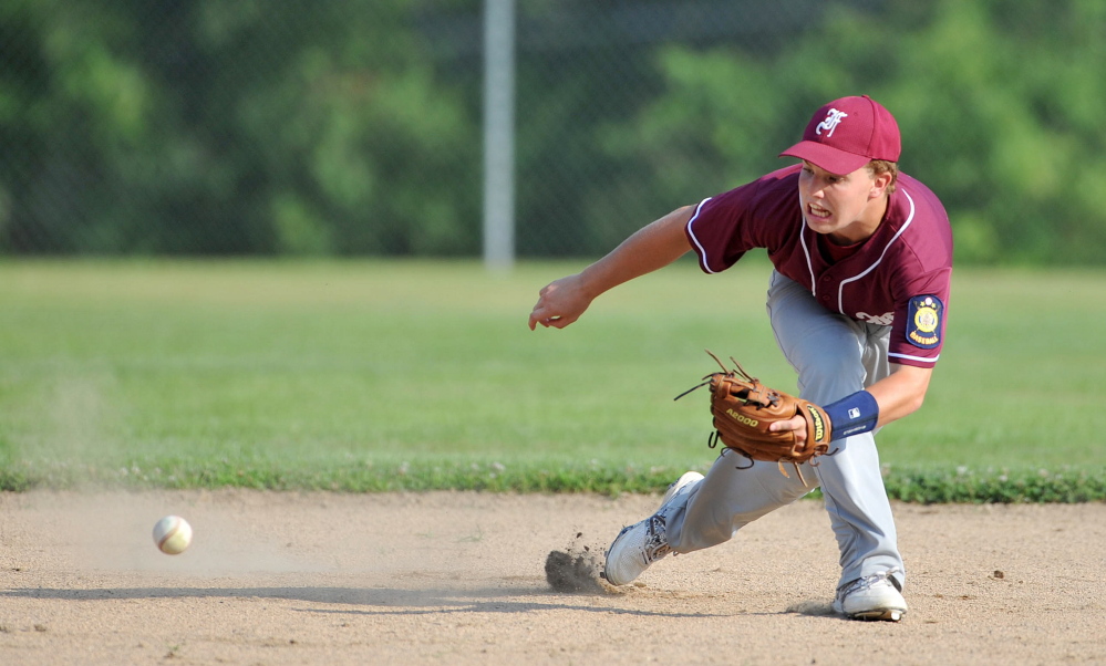 Franklin County short stop Ryan Pratt, 1, plays a hard his ground ball against Post 51 in the American Legion Zone 2 championship game at Memorial Field in Skowhegan on Tuesday.