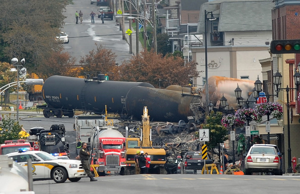 AP File Photo
Crude oil tankers from the Montreal, Maine & Atlantic railways are seen in the heart of downtown Lac-Megantic, Quebec, where the runaway train exploded killing 47 people.