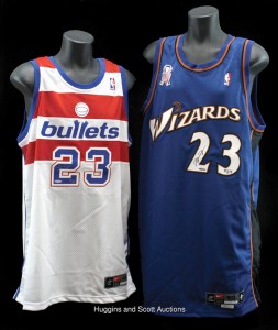 Though Michael Jordan, whose No. 23 jersey is shown here, played for the Washington Wizards for only three seasons, 2001-03, his final game with the team, April 12, 2003, featured players wearing retro jerseys with the team’s former name, the Washington Bullets.