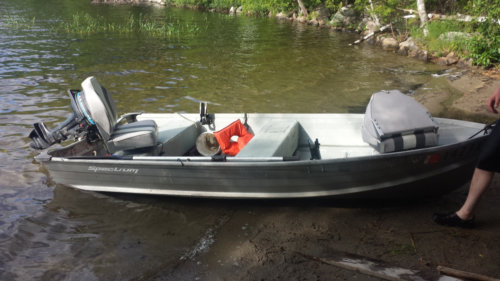 The boat belonging to Clarence Tuttle, who was rescued after the boat was swamped on Lake George in Canaan Thursday.