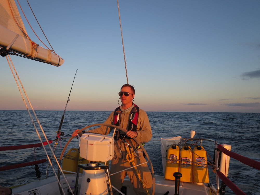 James Moore, formerly of Readfield, at sea sailing from Bermuda to Long Island in mid-July. Moore said it was important to him to get back at sea after a planned trip in May went horribly wrong.