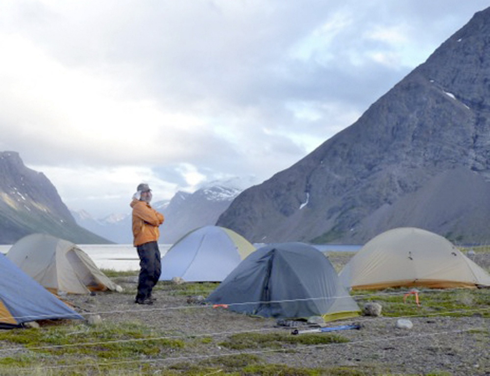 Matthew Dyer at the campsite where he was attacked by a polar bear in Canada last month. Dyer’s group used an electric fence at their site to prevent polar bear attacks, but it did not stop the attack.