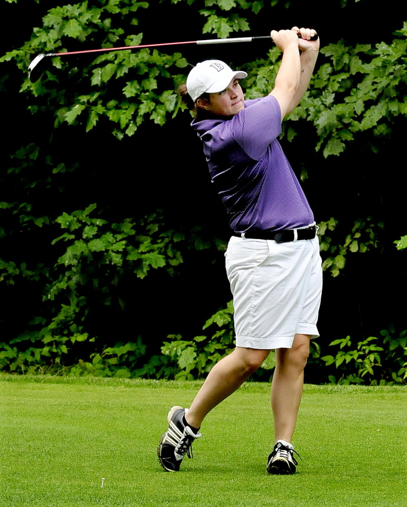 Maine Women’s Amateur defending champion Emily Bouchard hits a shot Tuesday at the Waterville Country Club in Oakland.