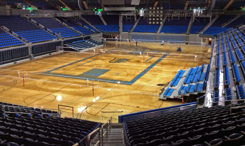 Water covers the playing floor of Pauley Pavilion, home of UCLA basketball, after a 30-inch water main burst on nearby Sunset Boulevard on the campus in the Westwood district of Los Angeles Tuesday.