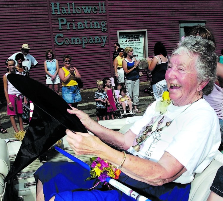 Hallowell’s 2008 Citizen of the Year Katy Perry laughed as she caught her black witch hat that kept blowing off as she rode in the Old Hallowell Day parade in downtown Hallowell. Perry died Saturday at age 93.