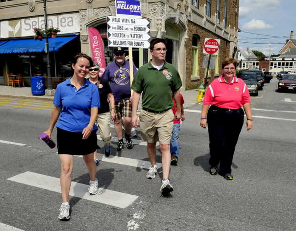 Democratic U.S. Senate candidate Shenna Bellows walks around downtown Waterville on Friday.