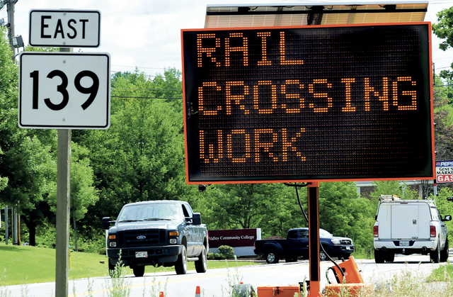 A signs warns motorists that Pan Am Railways workers are repairing crossings on Aug. 5-7 on Western Avenue in Fairfield.