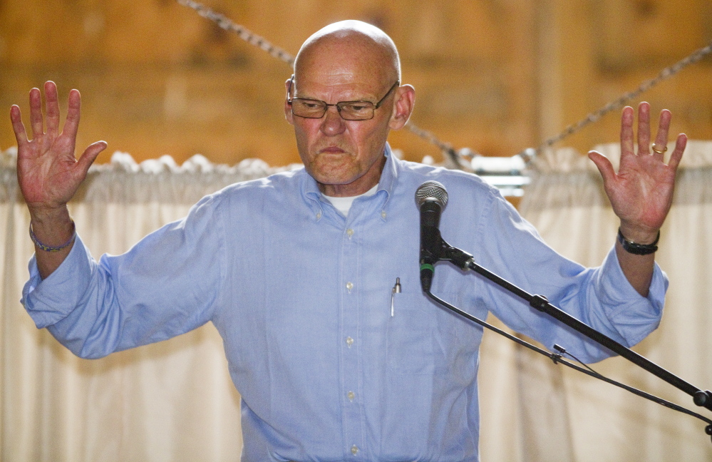National Democratic strategist James Carville speaks during the annual Maine Democratic lobster bake fundraiser at Wolfe Neck Farm in Freeport on Sunday.
