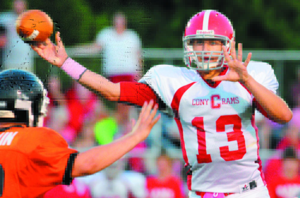 Ben Lucas throws a pass as quarterback for Cony High School. The University of Maine has announced he won’t be playing for them in the fall.
